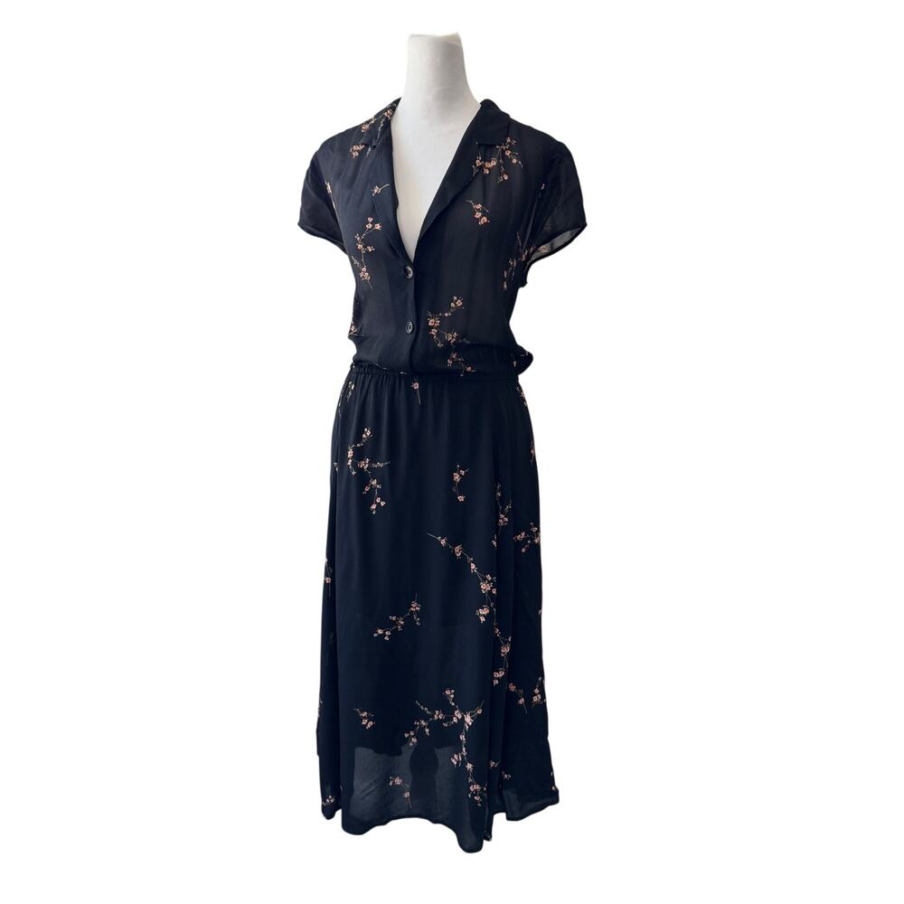 Reformation Griffith Sheer Black Floral Button Front Short Sleeve Midi Dress